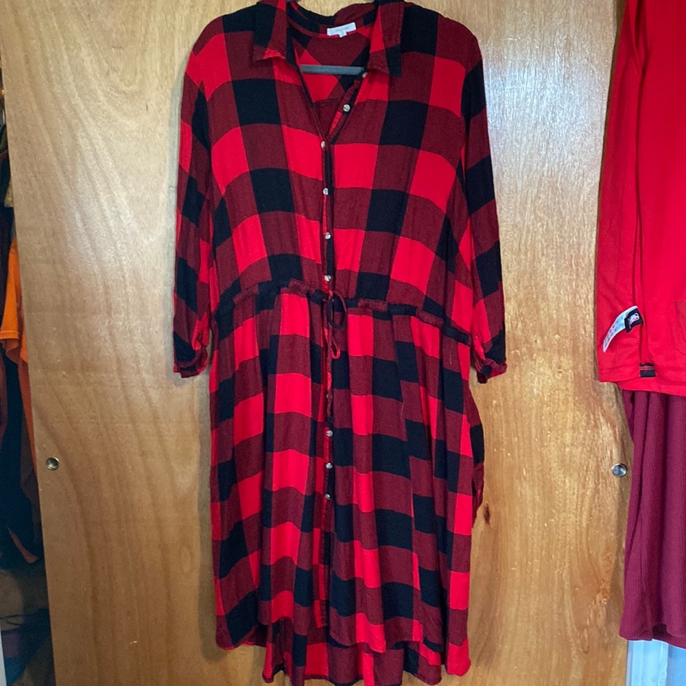 Cinched waist button up plaid dress